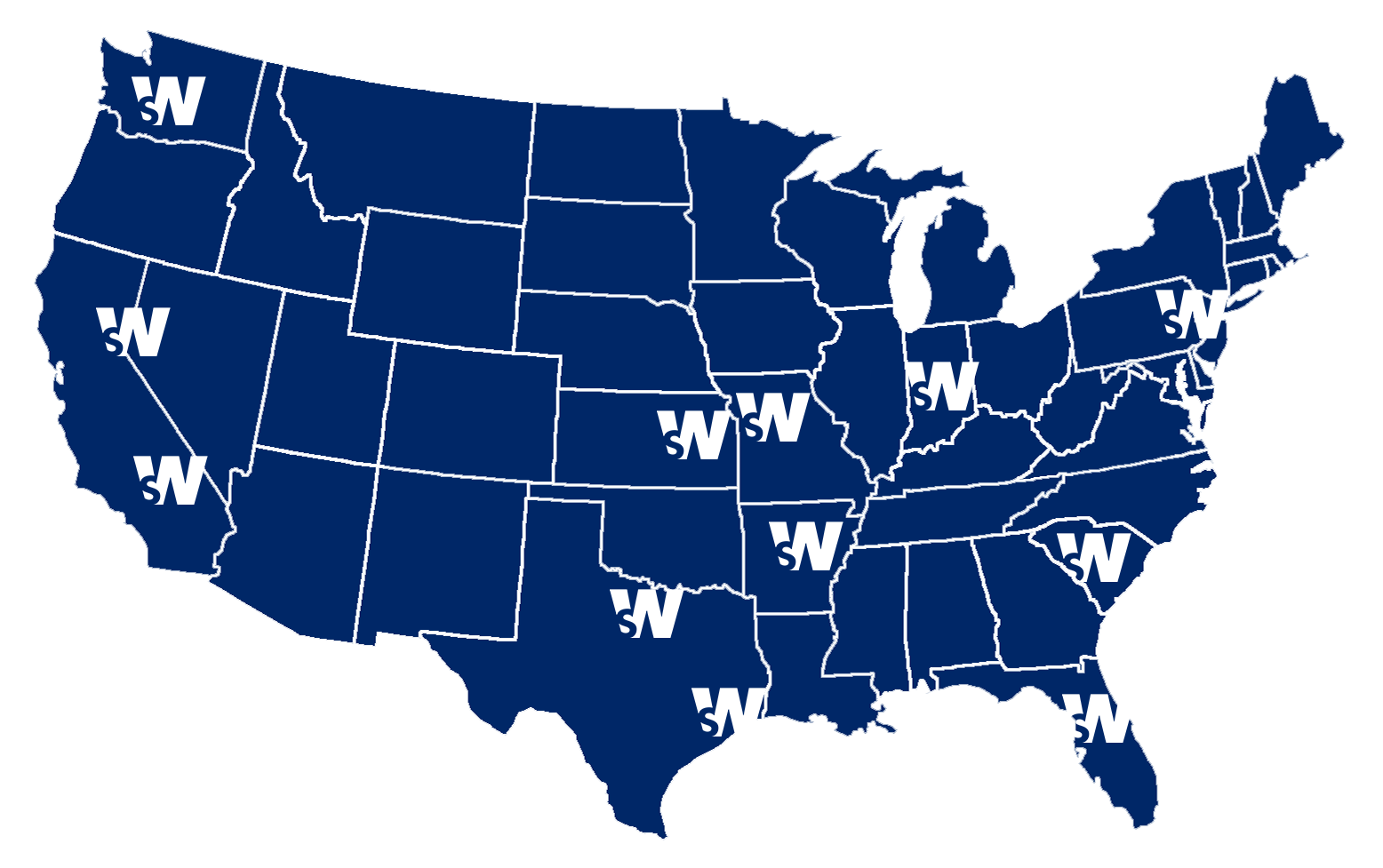 Map of Smart's warehouse locations across the U.S.