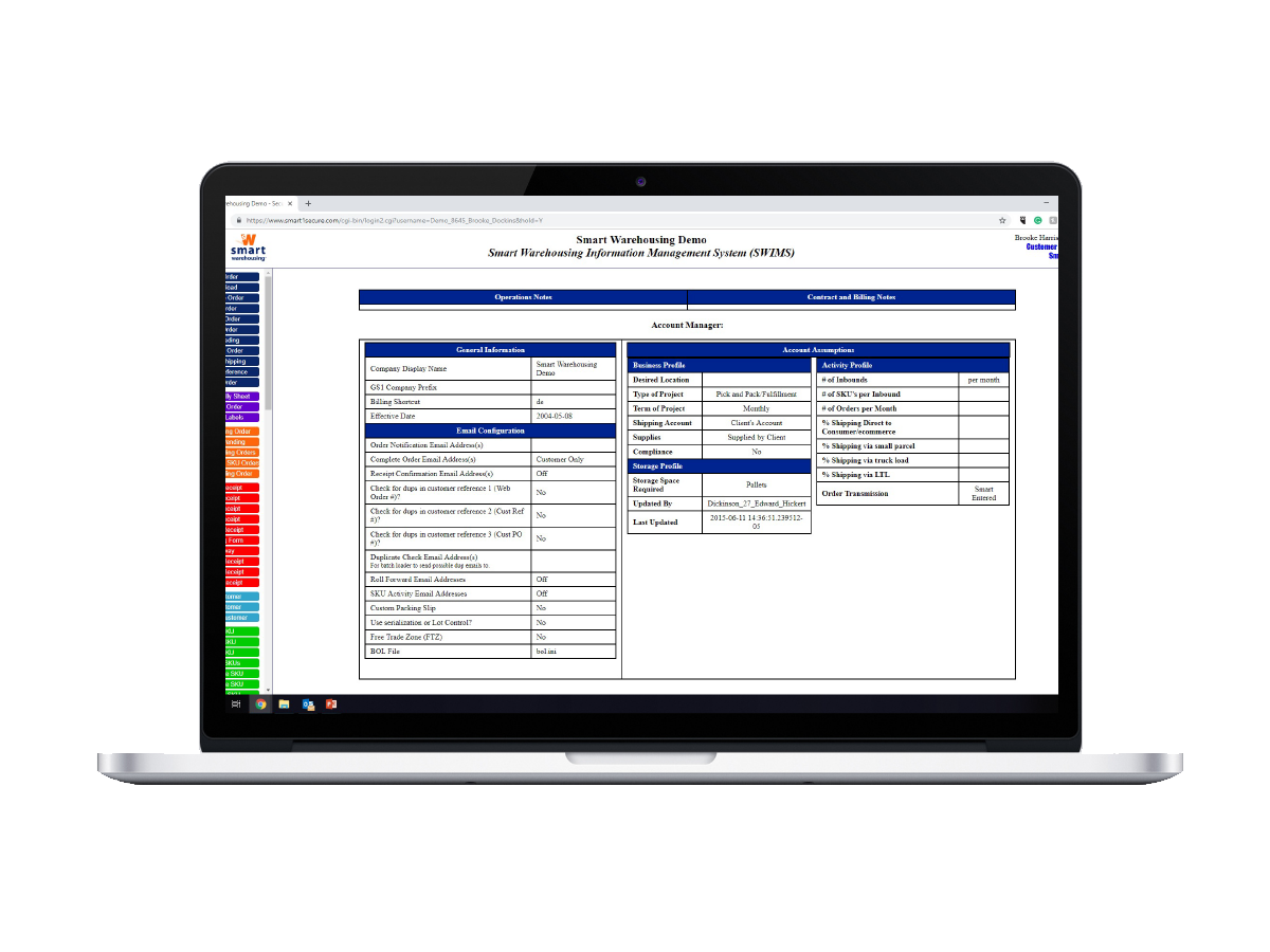 Mockup of Smart Warehousing warehouse management system, SWIMS